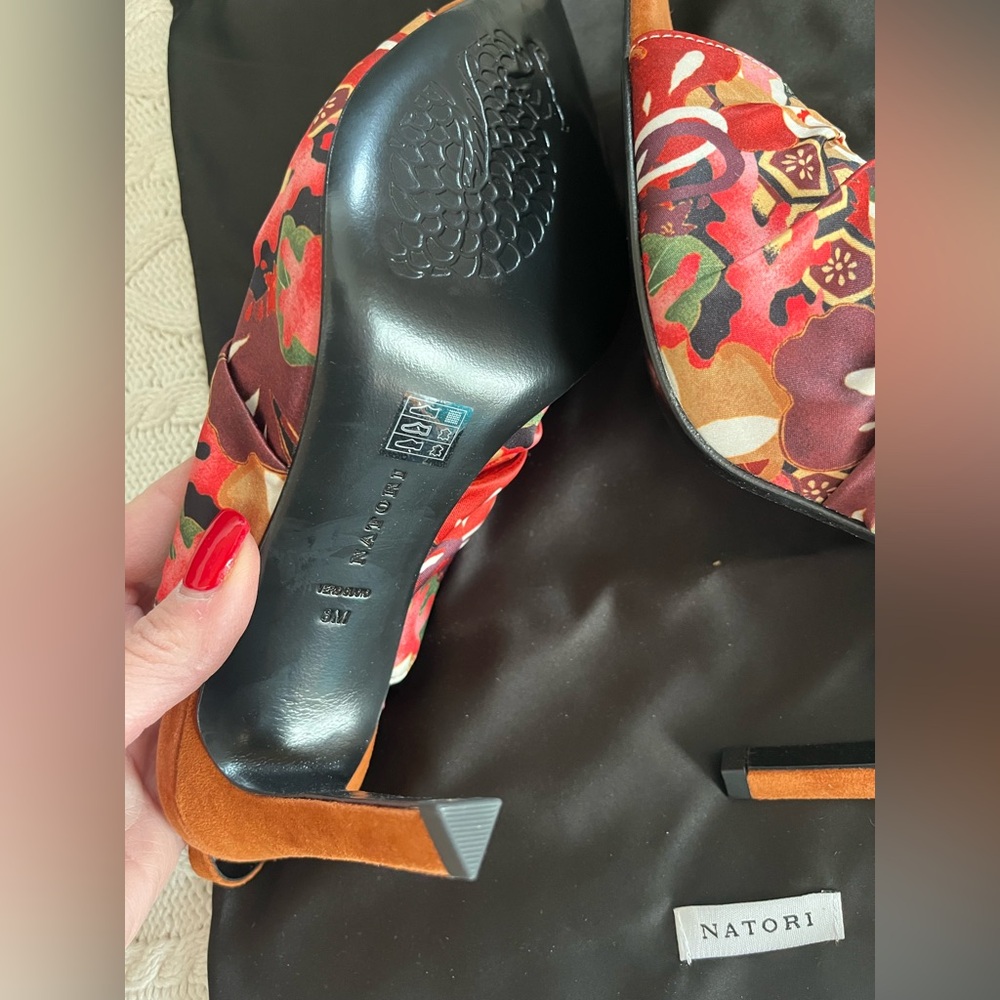 New! Natori Vibrant Patterned Slingback Satin & Leather Heels Various Sizes - Picture 7 of 13